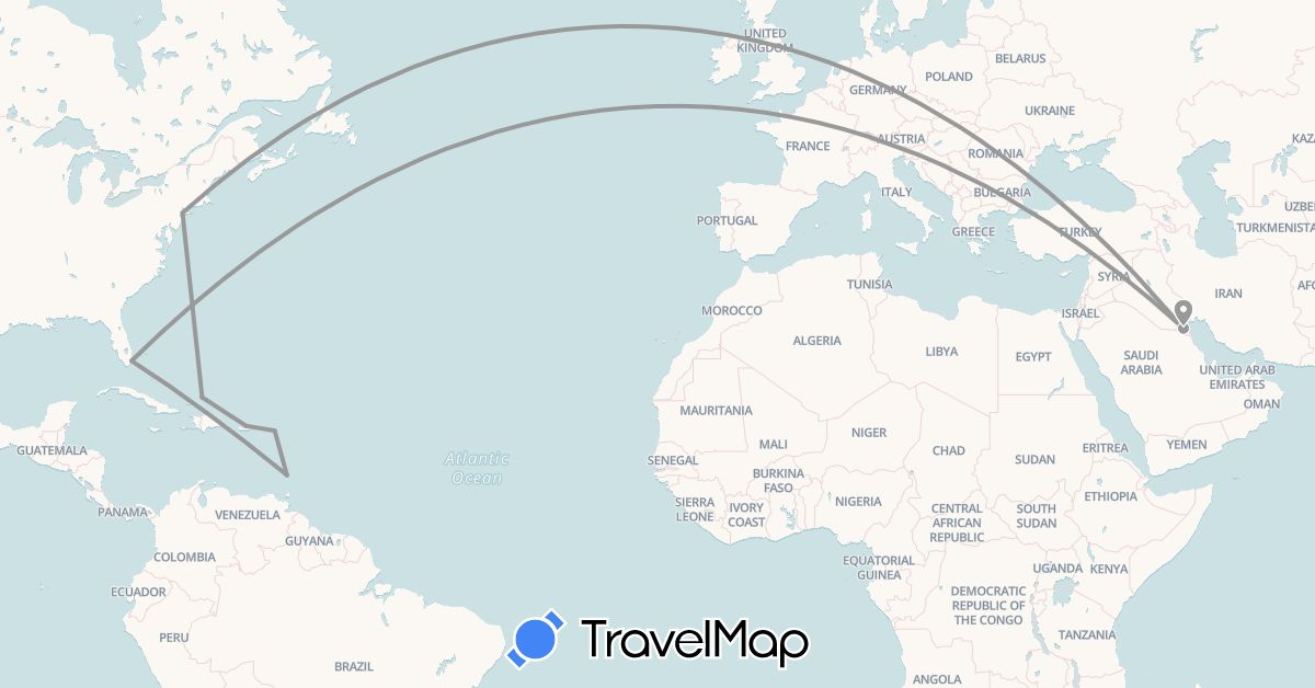TravelMap itinerary: driving, plane in France, Kuwait, Turks and Caicos Islands, United States, Saint Vincent and the Grenadines (Asia, Europe, North America)